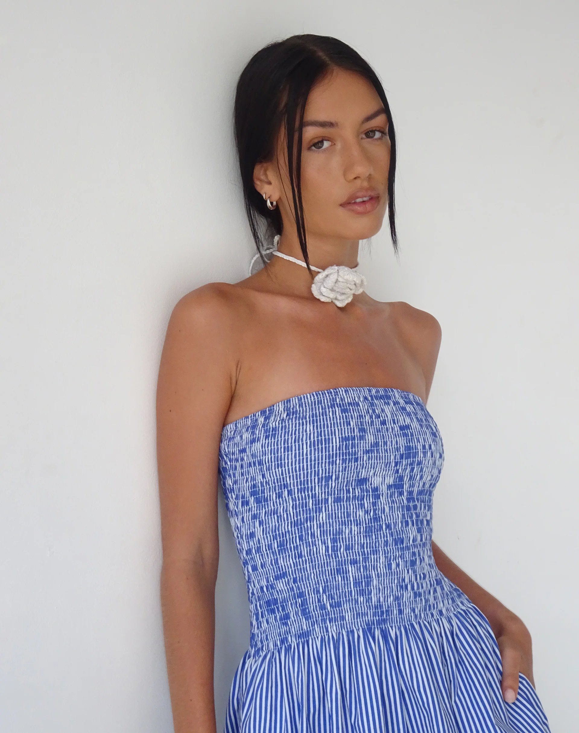 MOTEL X JACQUIE Beleame Bandeau Midaxi Dress in a Blue Striped Poplin - Image 2