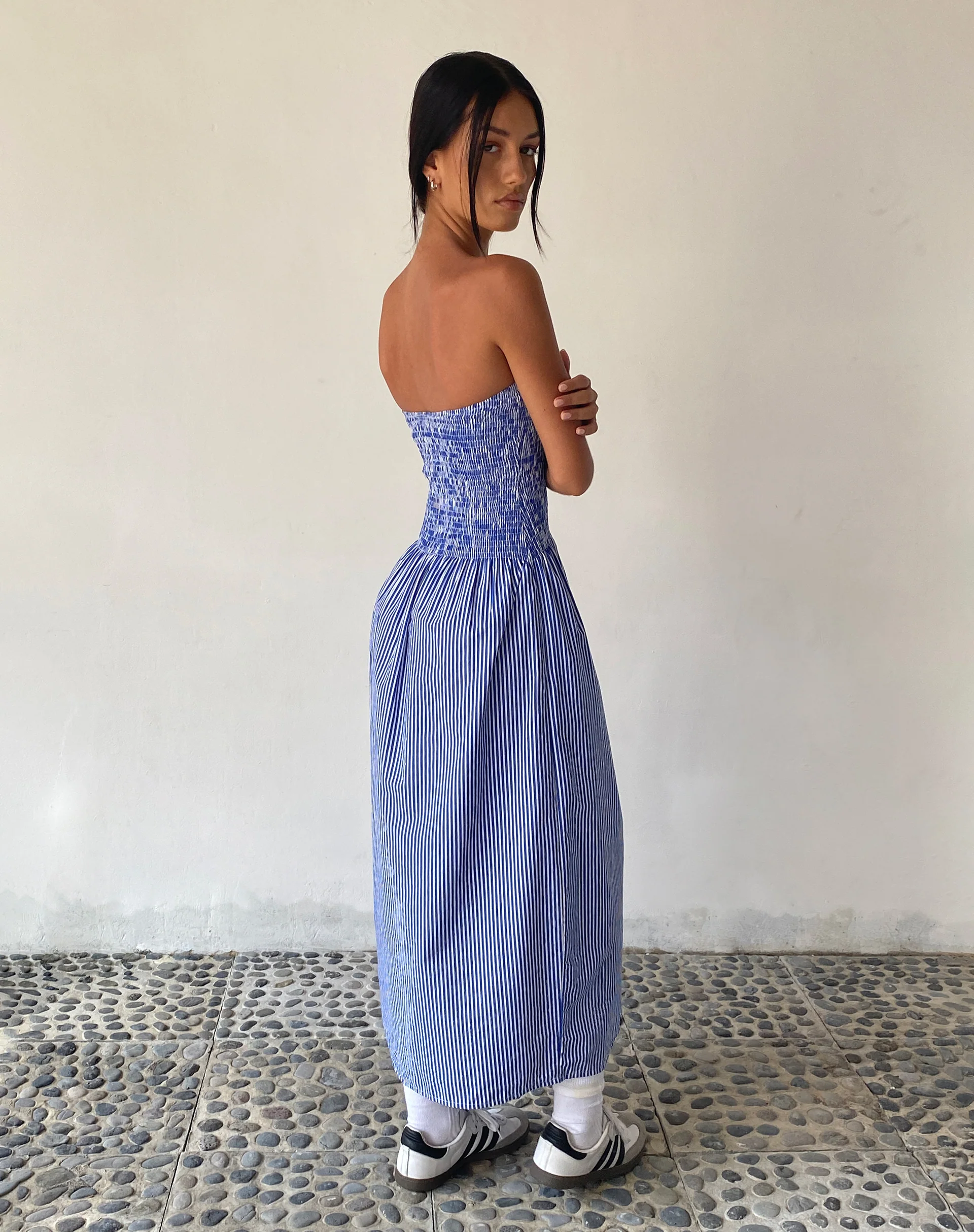 MOTEL X JACQUIE Beleame Bandeau Midaxi Dress in a Blue Striped Poplin - Image 3