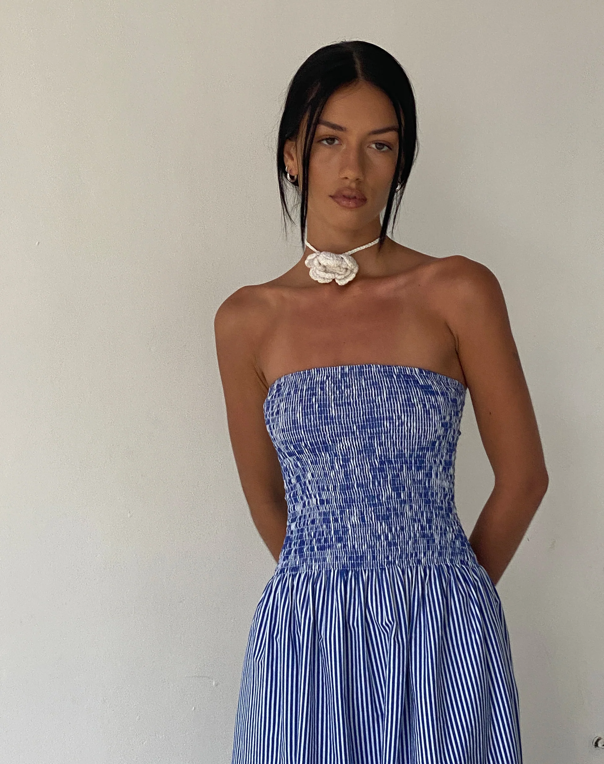 MOTEL X JACQUIE Beleame Bandeau Midaxi Dress in a Blue Striped Poplin - Image 4