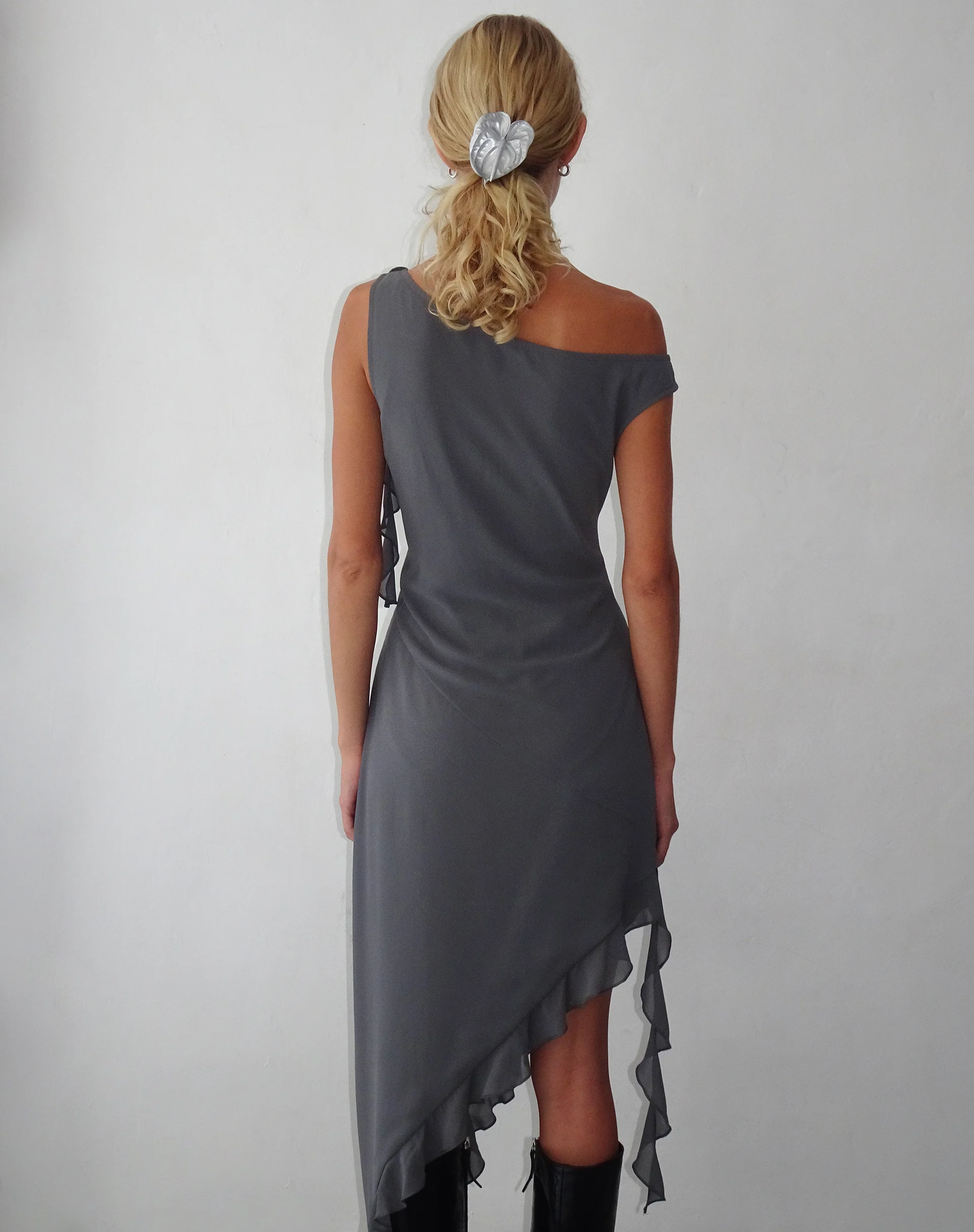 Beleri Ruffle Asymmetric Dress in Grey Chiffon - Image 2
