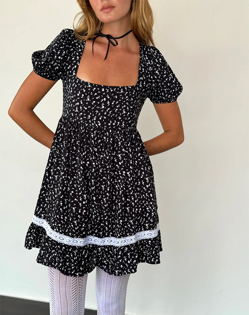Beling Mini Tea Dress in Black Ditsy Romance - Image 3