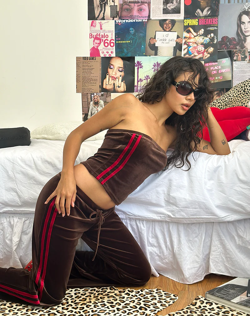 Belita Trosuers in Brown Velour with Red Side Stripe - Image 2