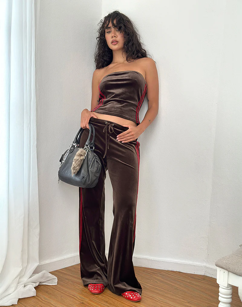 Belita Trosuers in Brown Velour with Red Side Stripe - Image 4