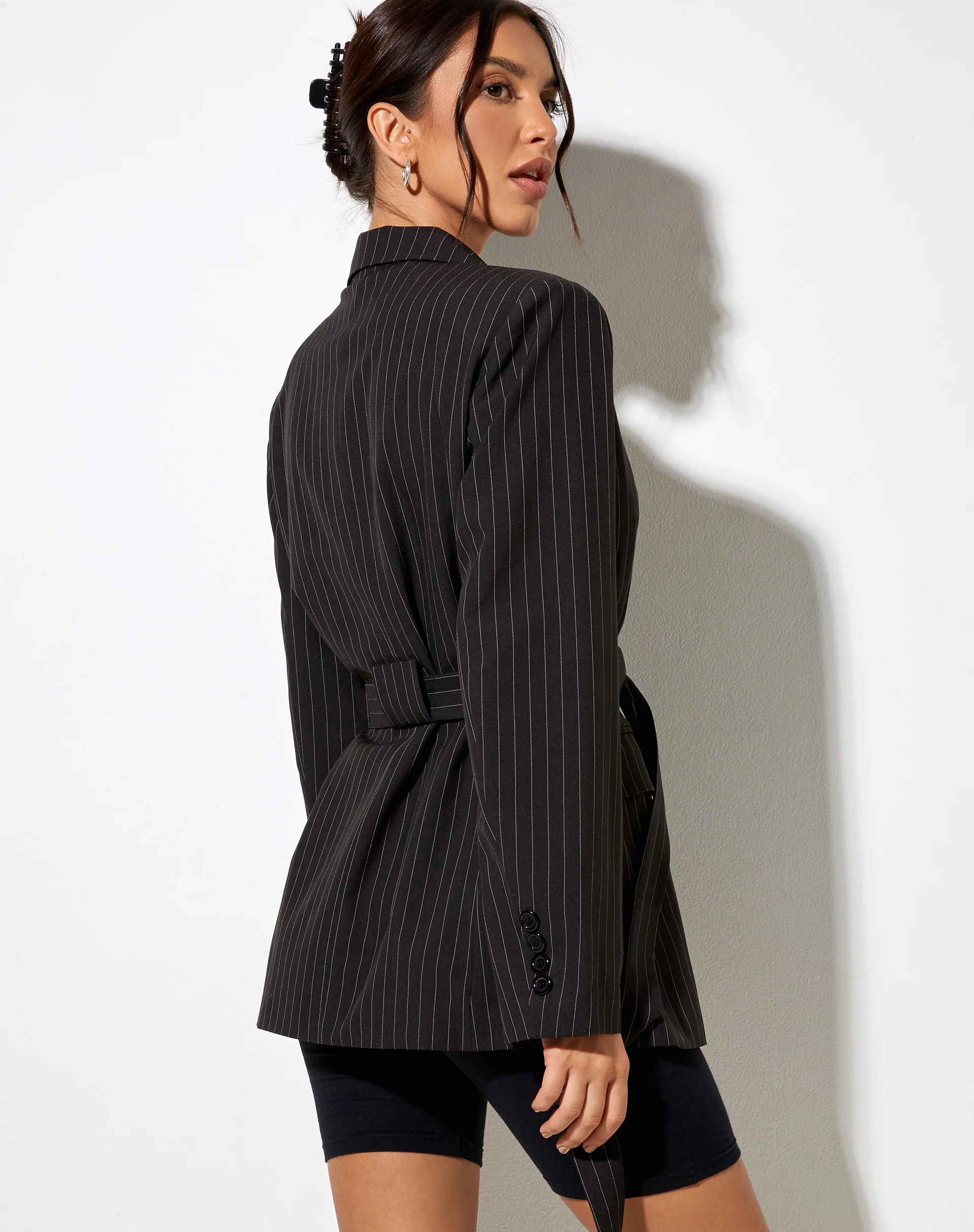 Belted Blazer in Pinstripe Black - Image 2