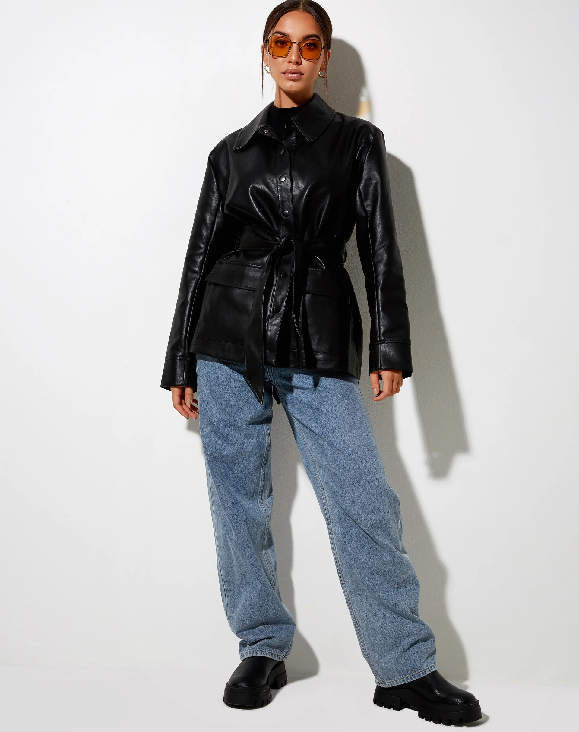 Belted Jacket in PU Black - Image 4