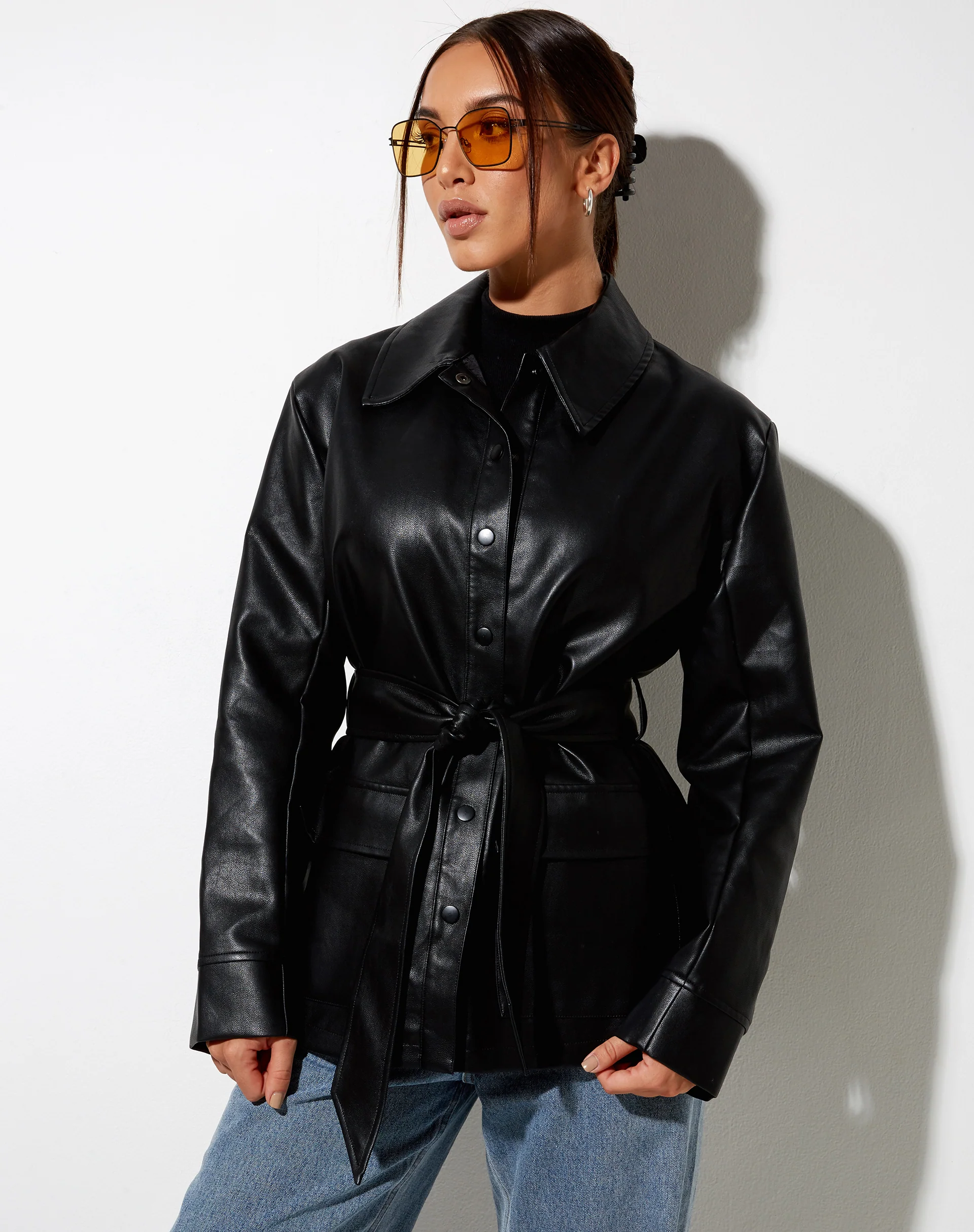 Belted Jacket in PU Black - Image 5