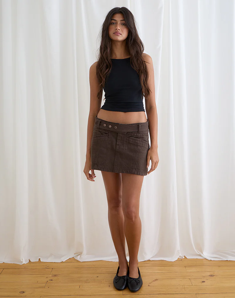 Belted Denim Mini Skirt in Chocolate Brown - Image 4