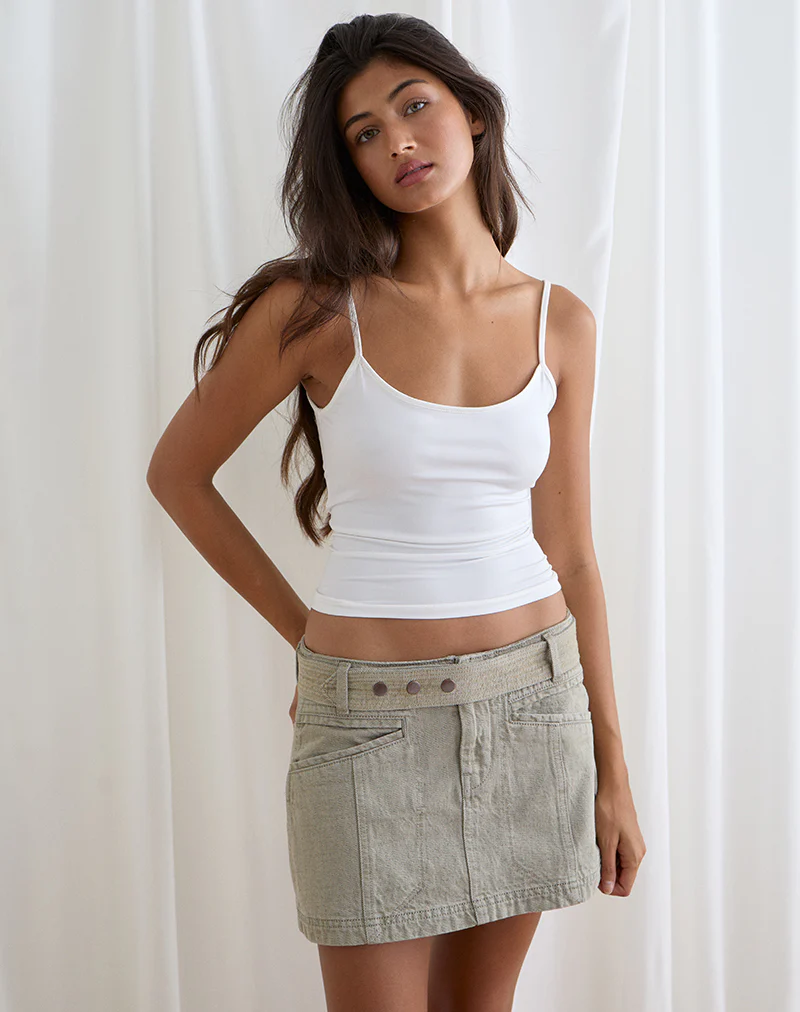 Belted Denim Mini Skirt in Oat - Image 2