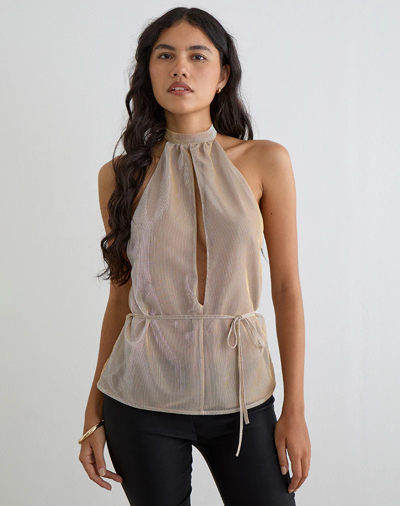 Benicia High Neck Keyhole Top in Gold - Image 2