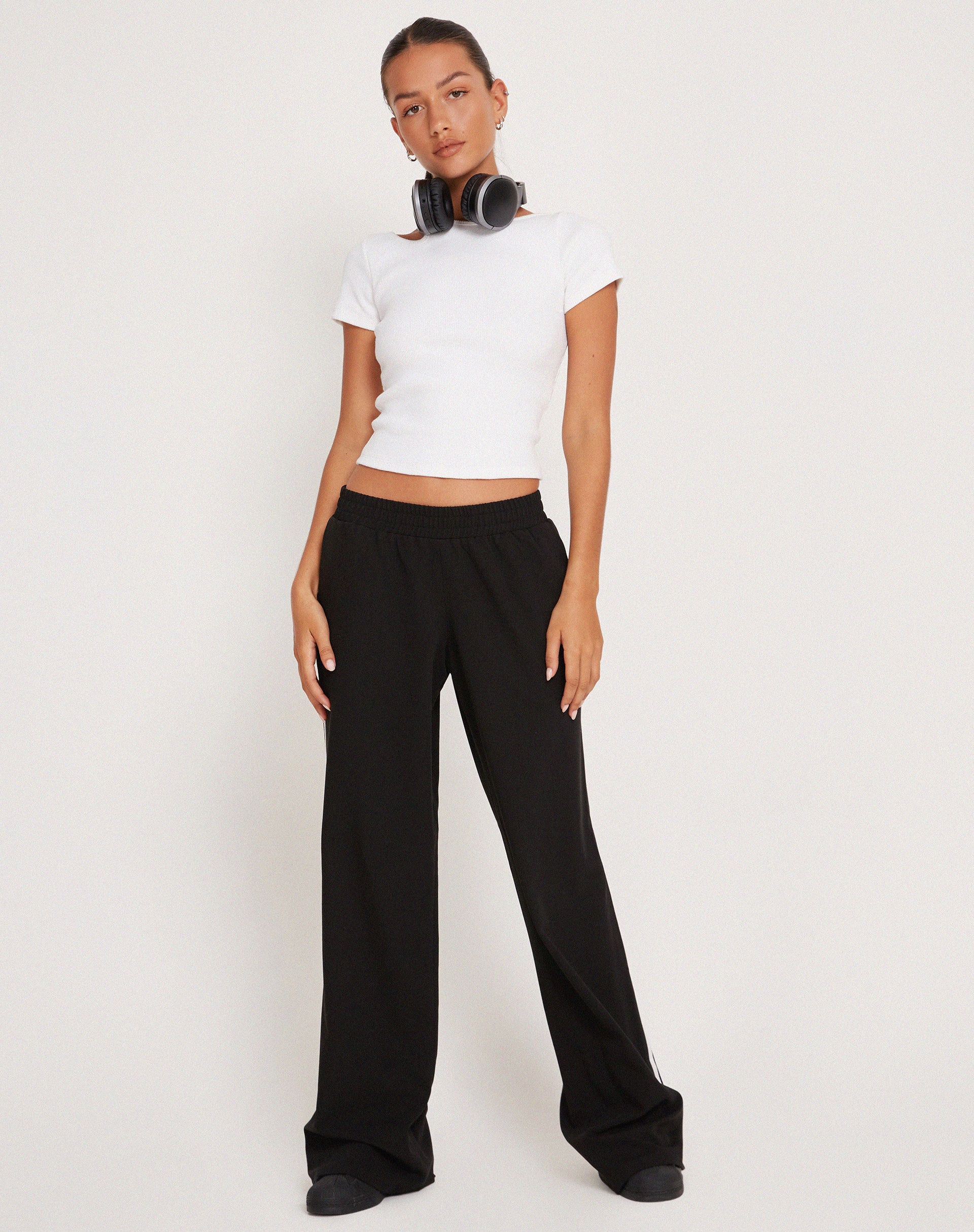 Bennett Wide Leg Trouser in Tailoring Black with White Stripe - Image 2