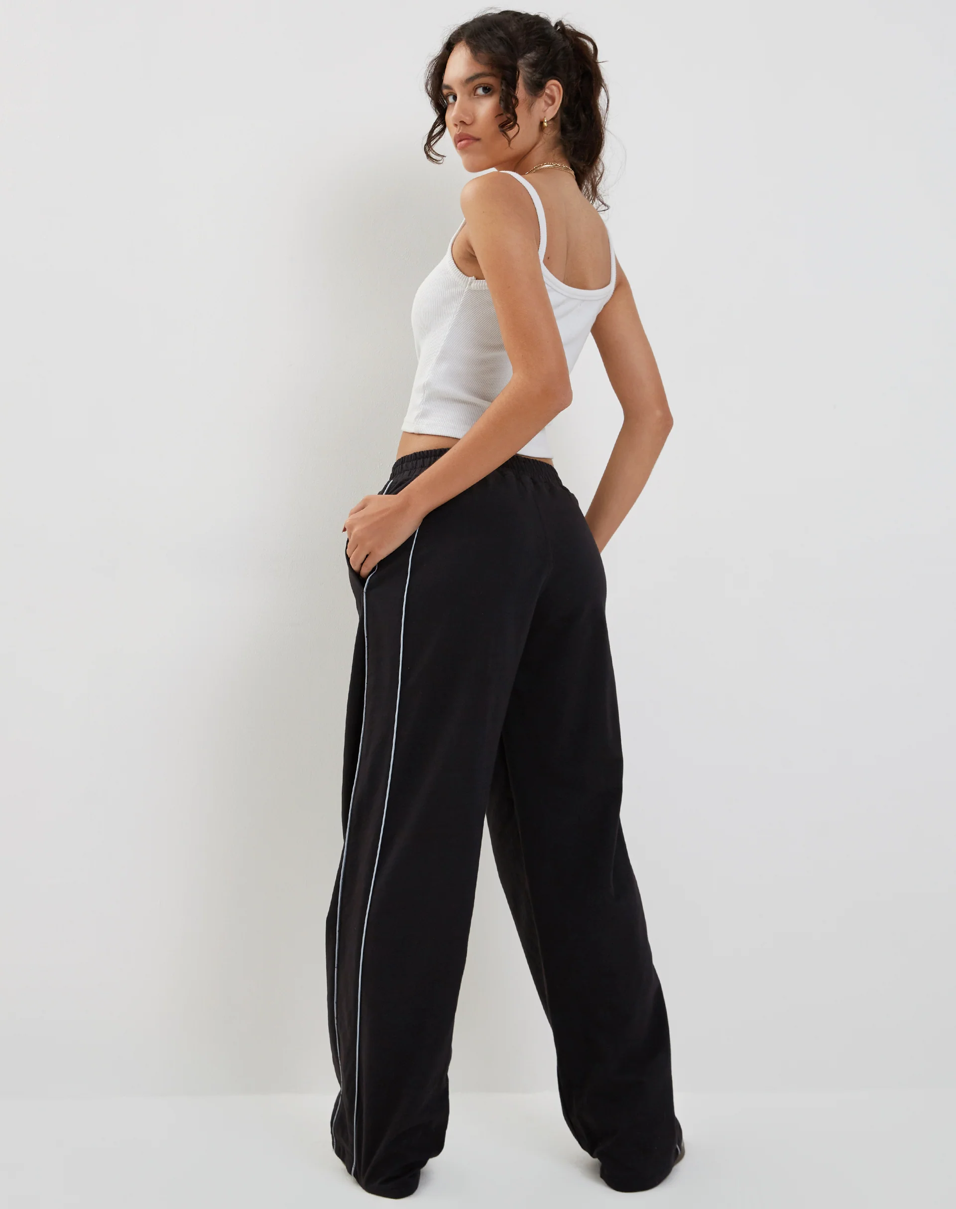 Benton Wide Leg Jogger in Black with Dark Grey Piping and 'M' Embroidery - Image 3