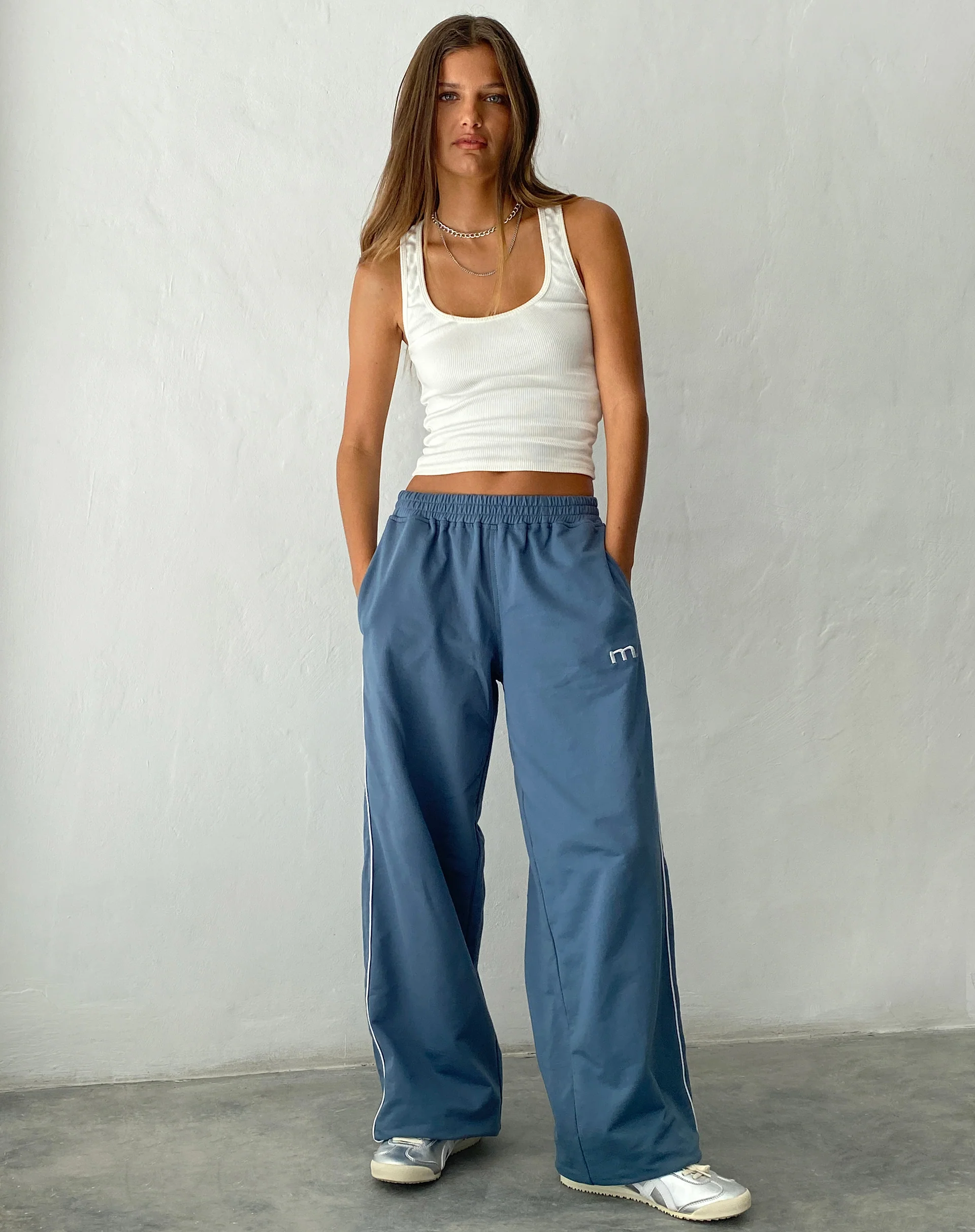Benton Wide Leg Jogger in Blue with 'M' Embroidery - Image 2
