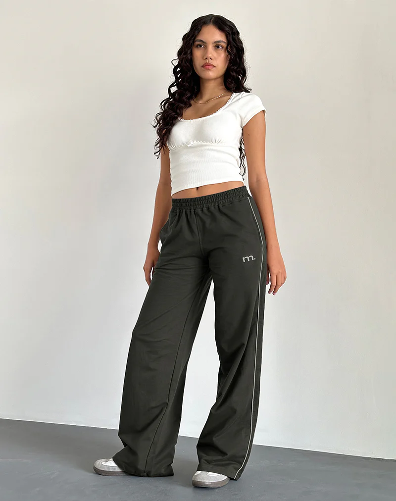 Benton Wide Leg Jogger in Olive with 'M' Embroidery - Image 2