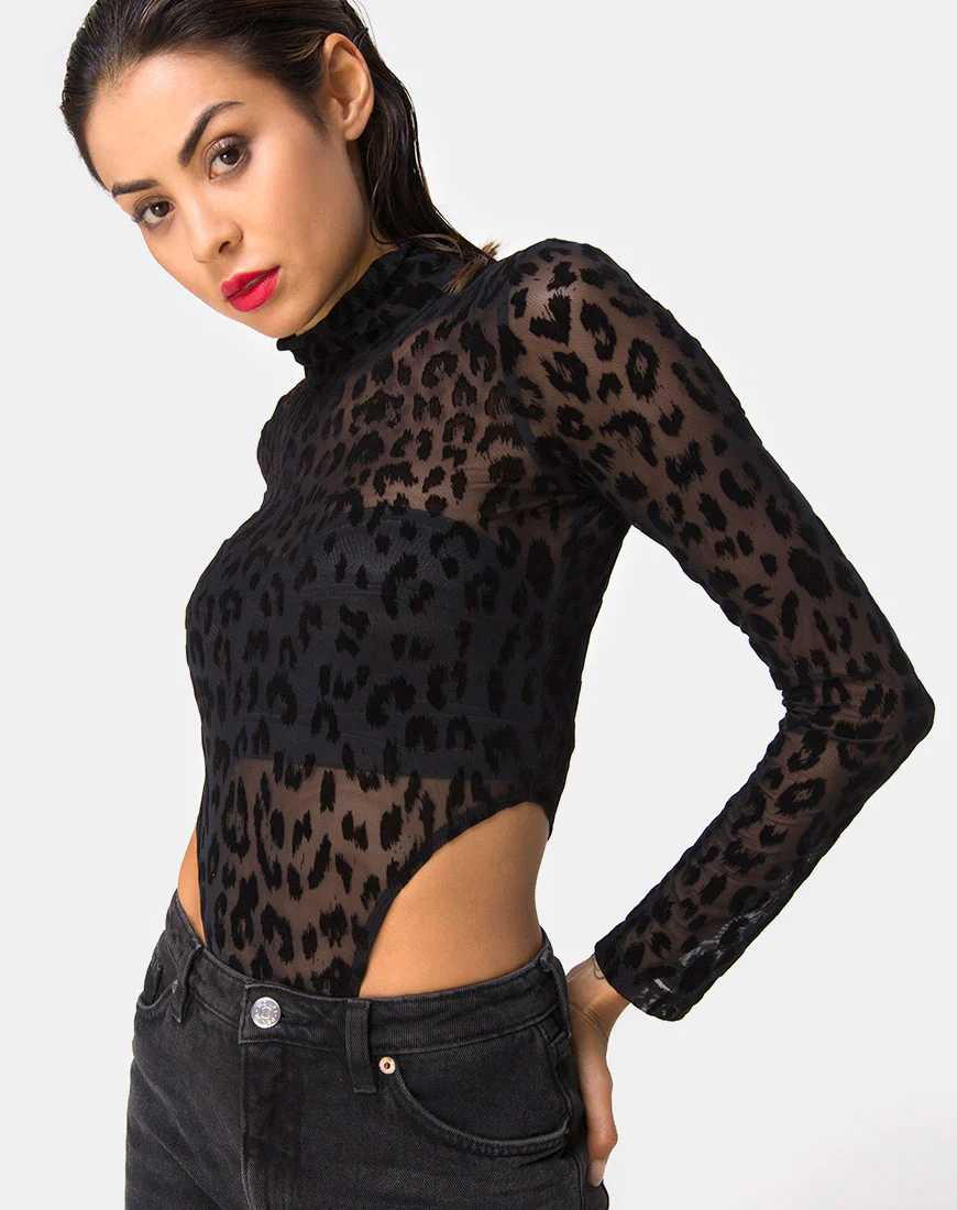 Berani Highneck Bodice in Animal Black Net - Image 2