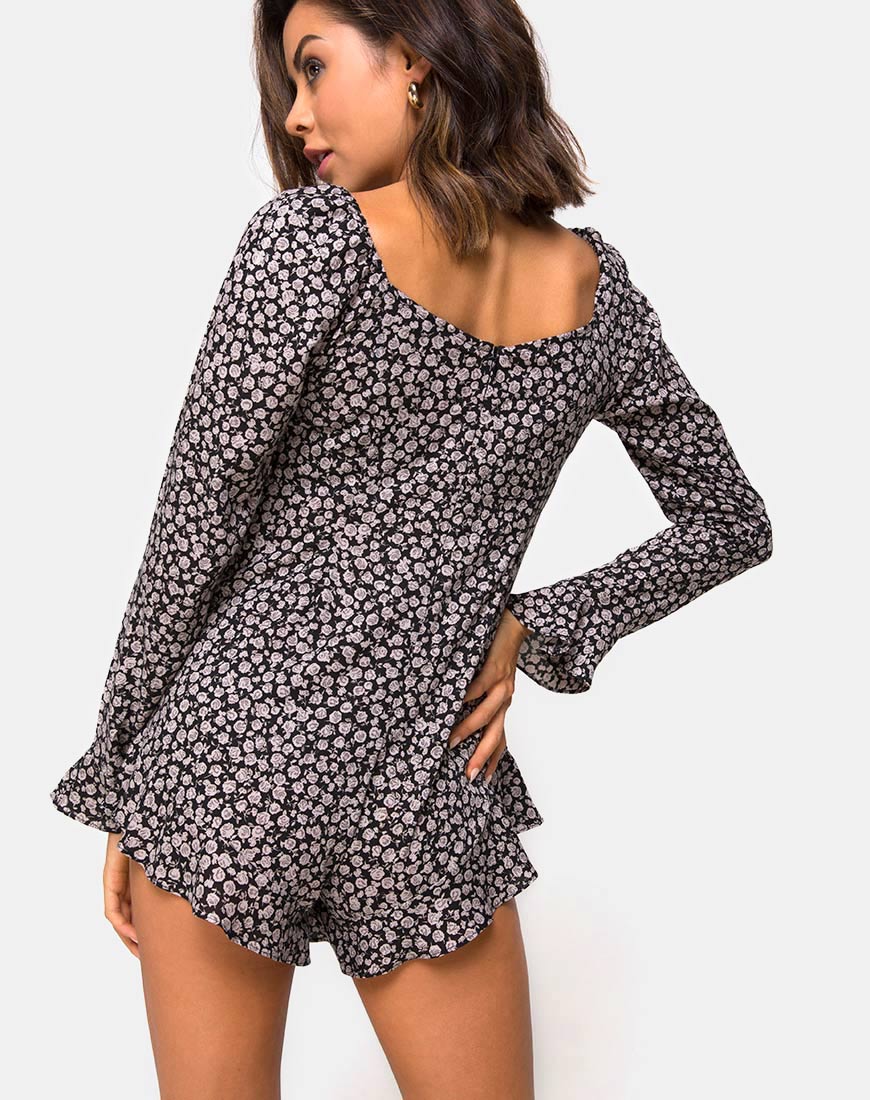 Berlo Longsleeve Playsuit in Ditsy Rose Black - Image 2