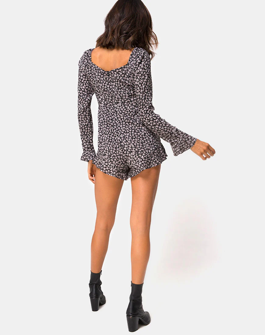 Berlo Longsleeve Playsuit in Ditsy Rose Black - Image 4