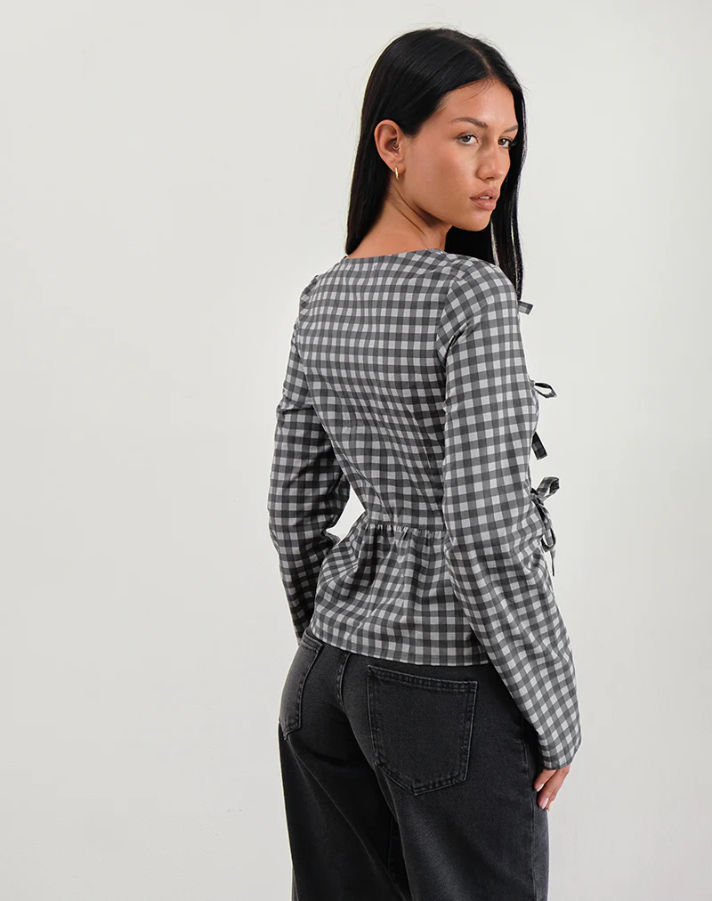 Bertaria Long Sleeve Top in Tonal Gingham Black and Grey - Image 4