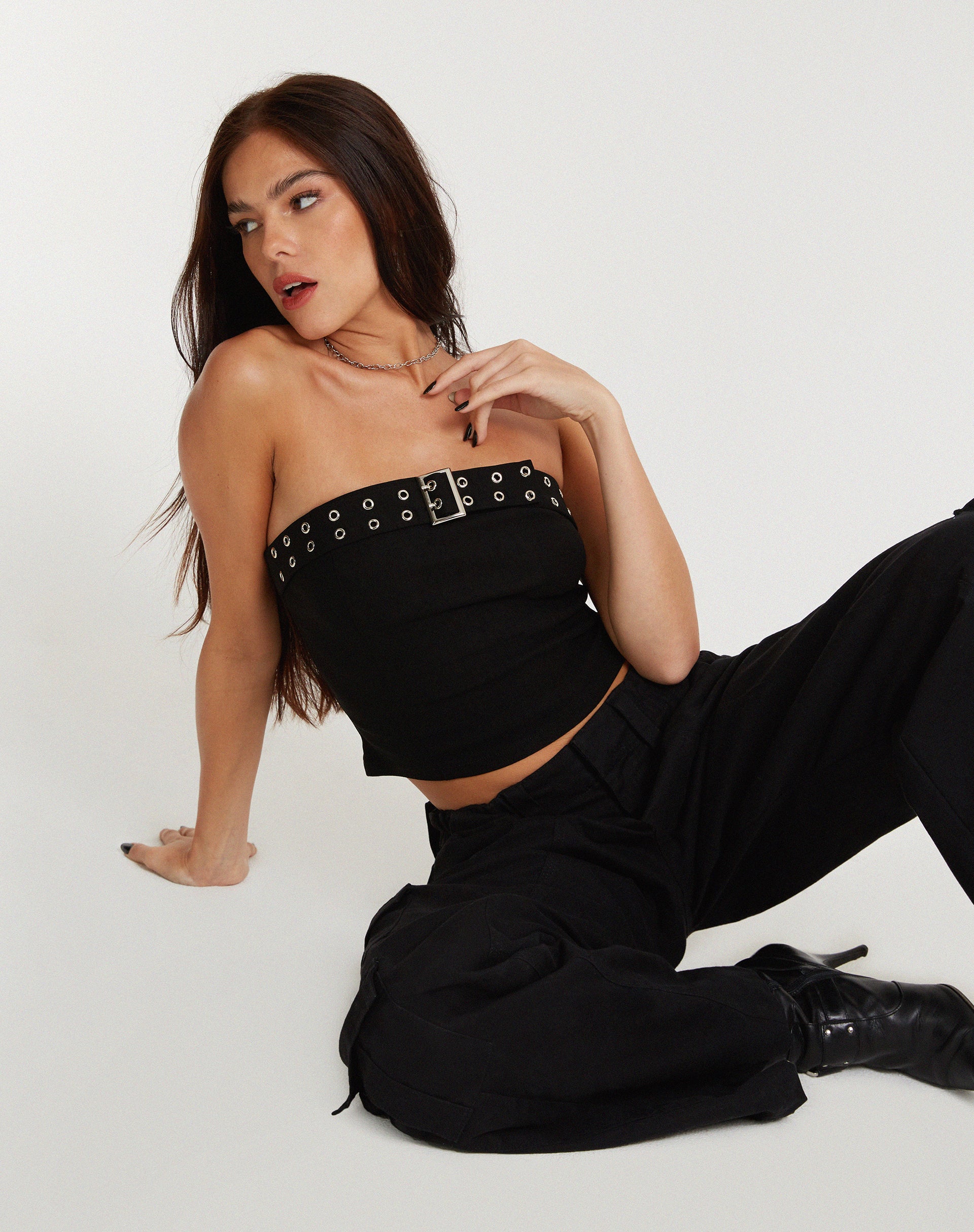 Bertha Strapless Crop Top in Black with Eyelet - Image 4