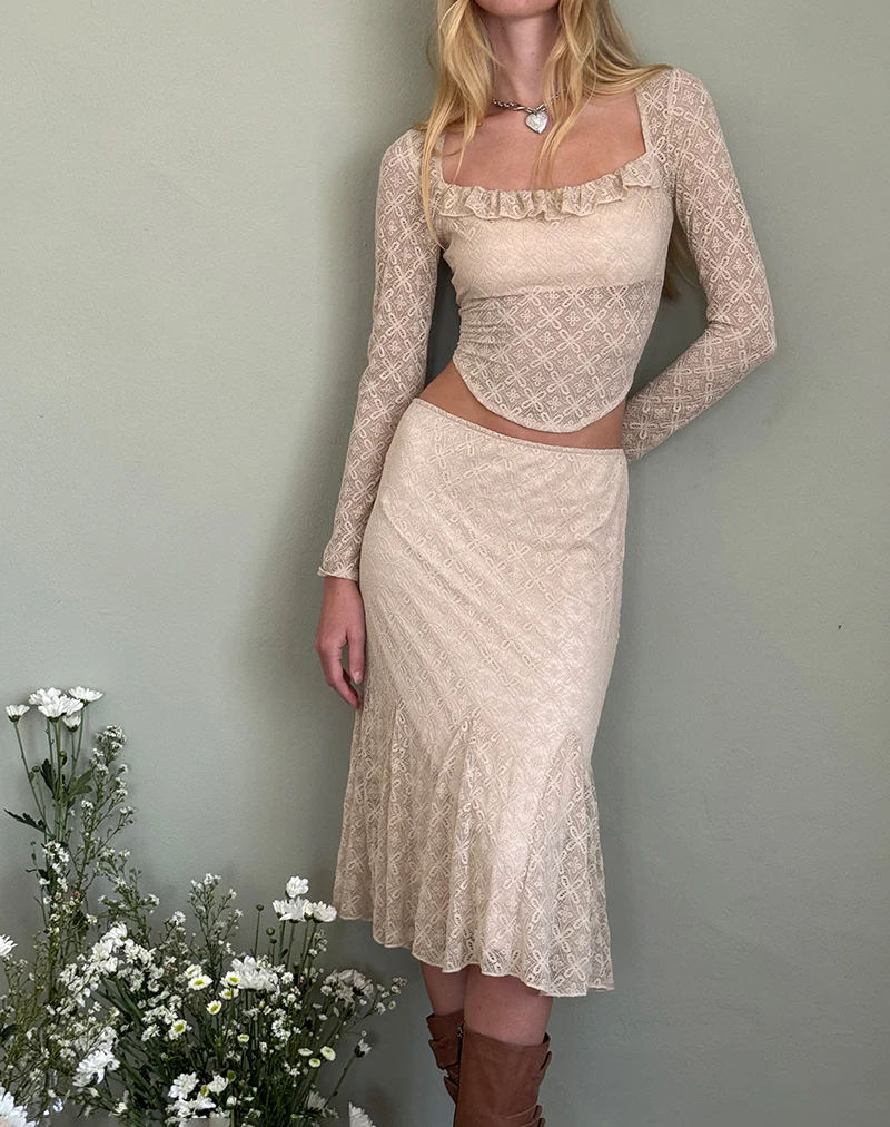 Betharia Frill Detail Midi Skirt in Nude Lace - Image 2