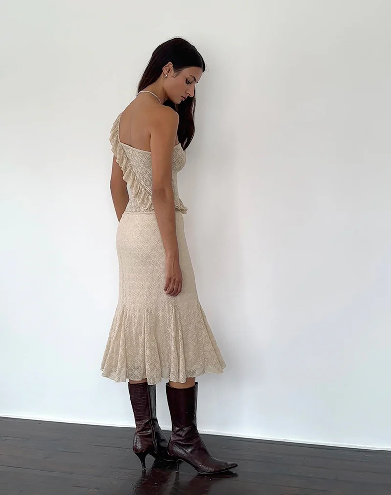 Betharia Frill Detail Midi Skirt in Nude Lace - Image 5