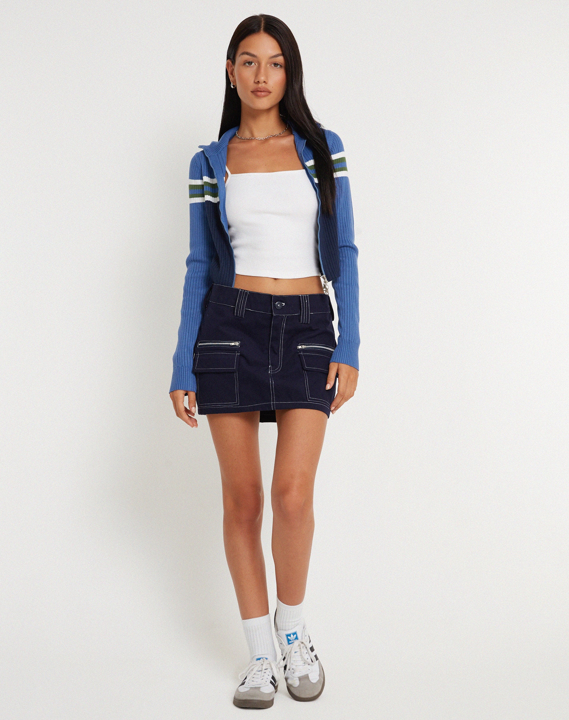 Betsy Mini Skirt in Navy with White Top Stitch - Image 3
