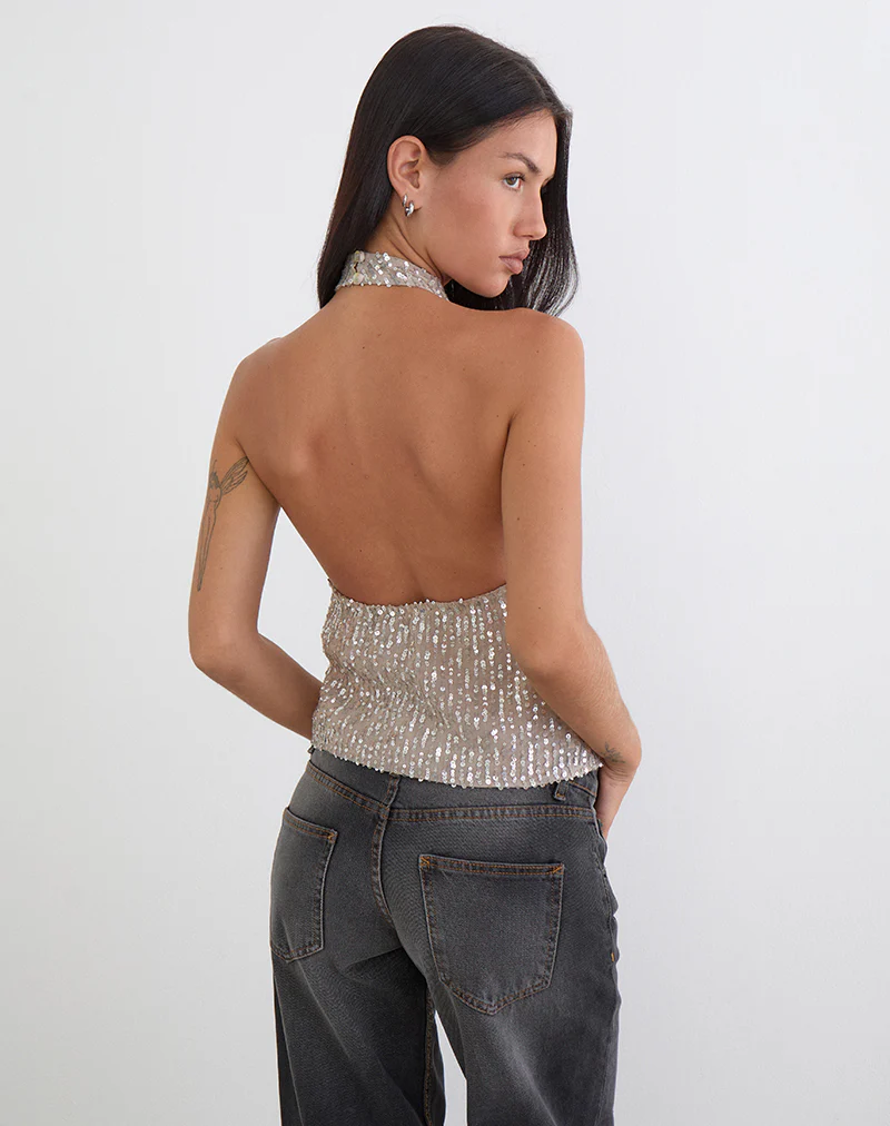 Beyi Halterneck Top in Chiffon Sequin Nude - Image 2