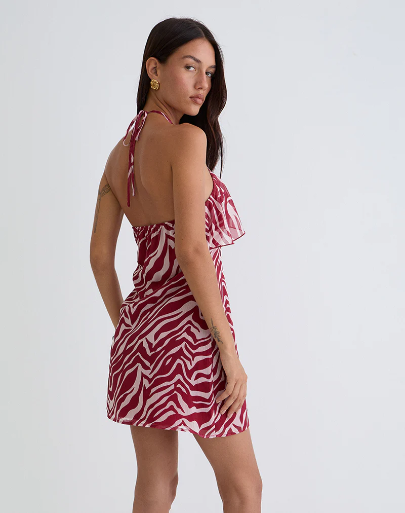 Beyza Halter Mini Dress in Zebra Print Red - Image 4