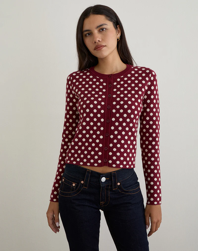 Bhavina Cardigan in Burgundy with Cream Polka Print - Image 2