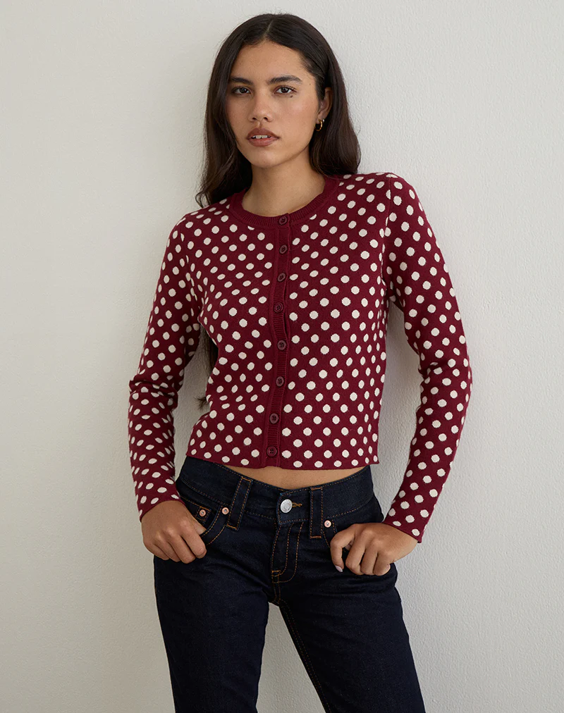 Bhavina Cardigan in Burgundy with Cream Polka Print - Image 3