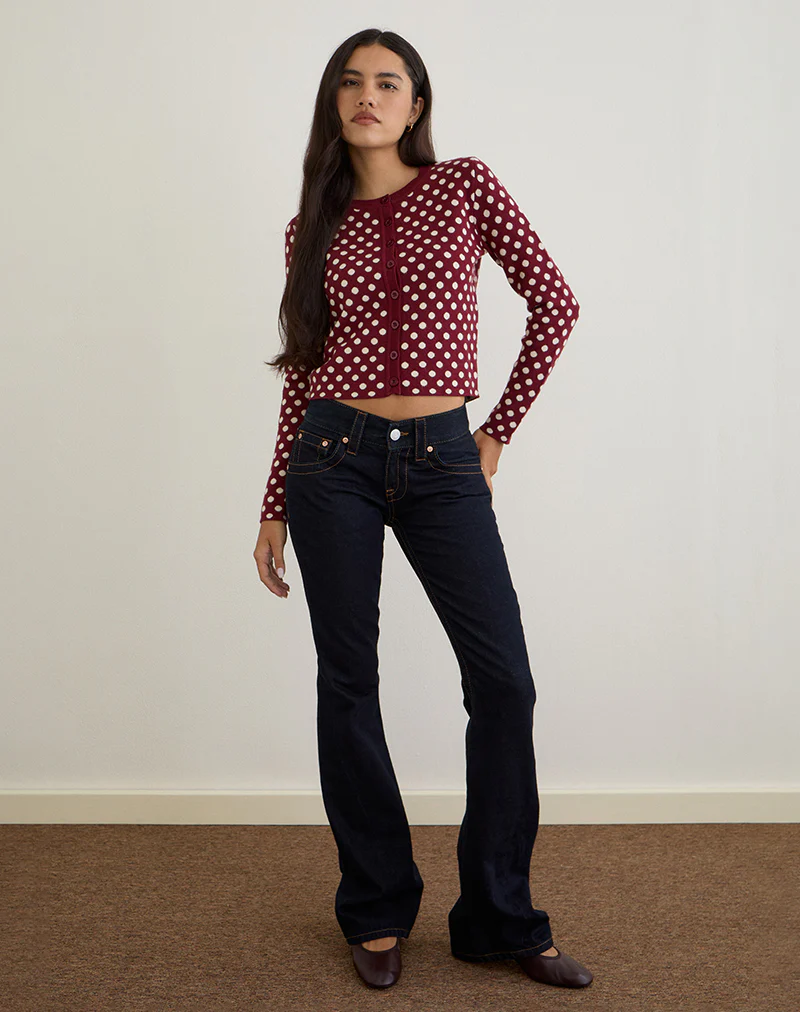 Bhavina Cardigan in Burgundy with Cream Polka Print - Image 4