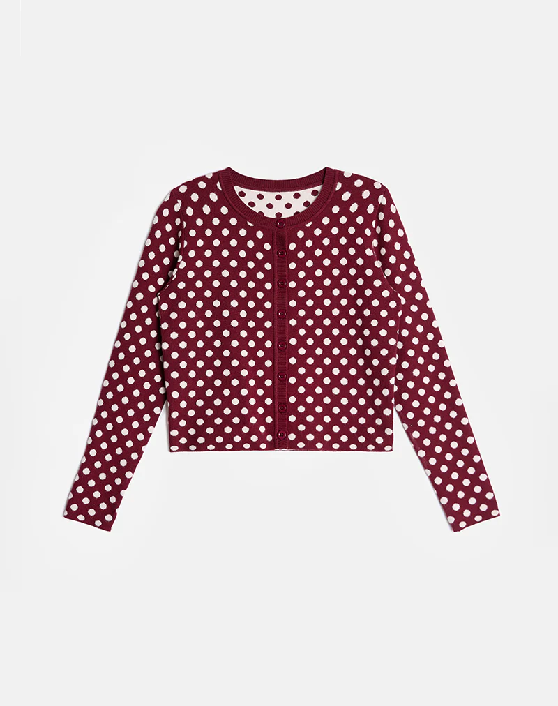 Bhavina Cardigan in Burgundy with Cream Polka Print - Image 5
