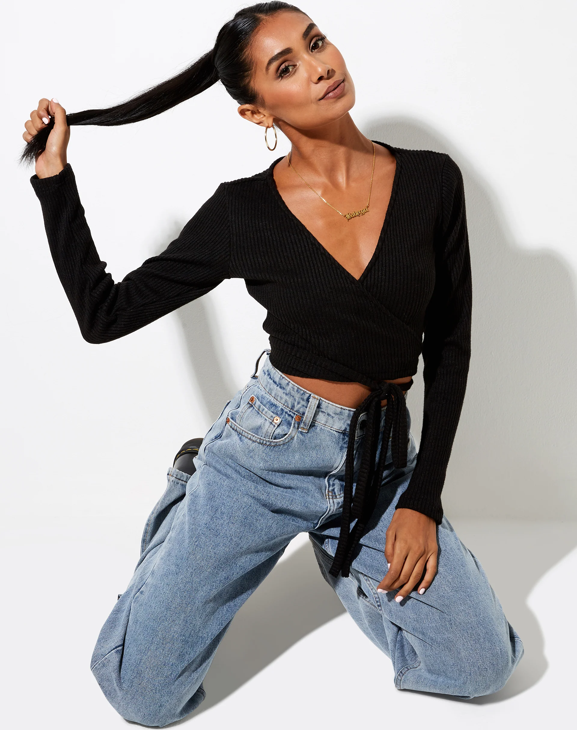 Bianca Wrap Top in Rib Black - Image 5