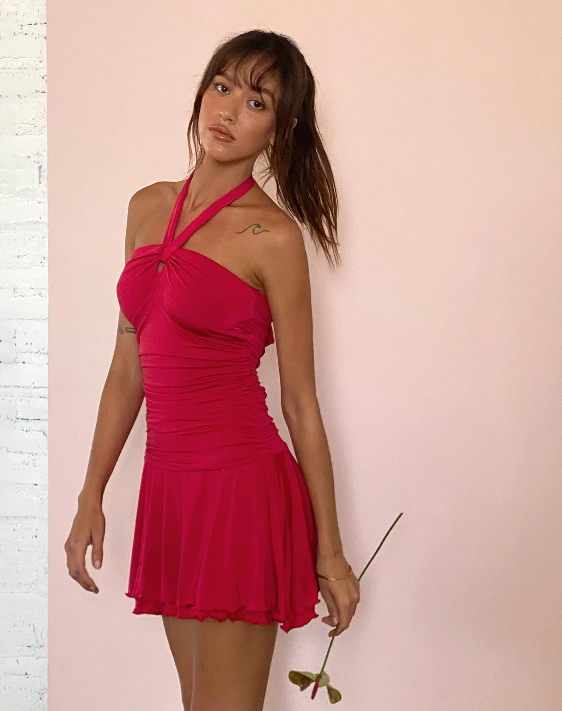 Bibi Bandeau Halterneck Mini Dress in Red - Image 2