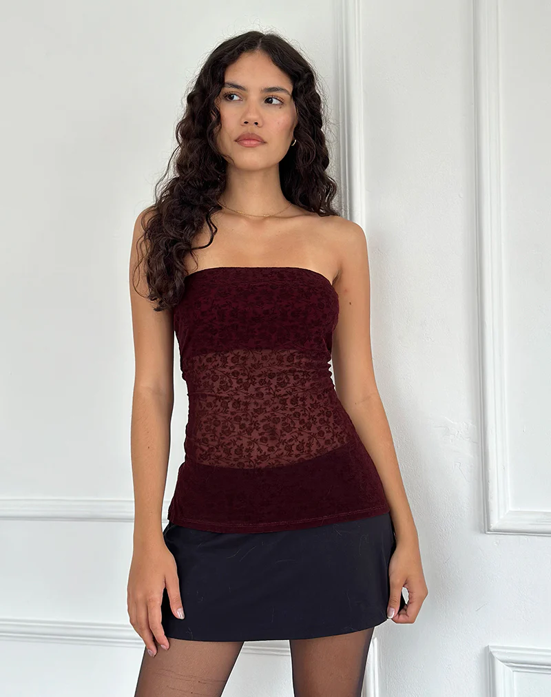 Bilancia Bandeau Top in Ditsy Flock Burnt Maroon - Image 4