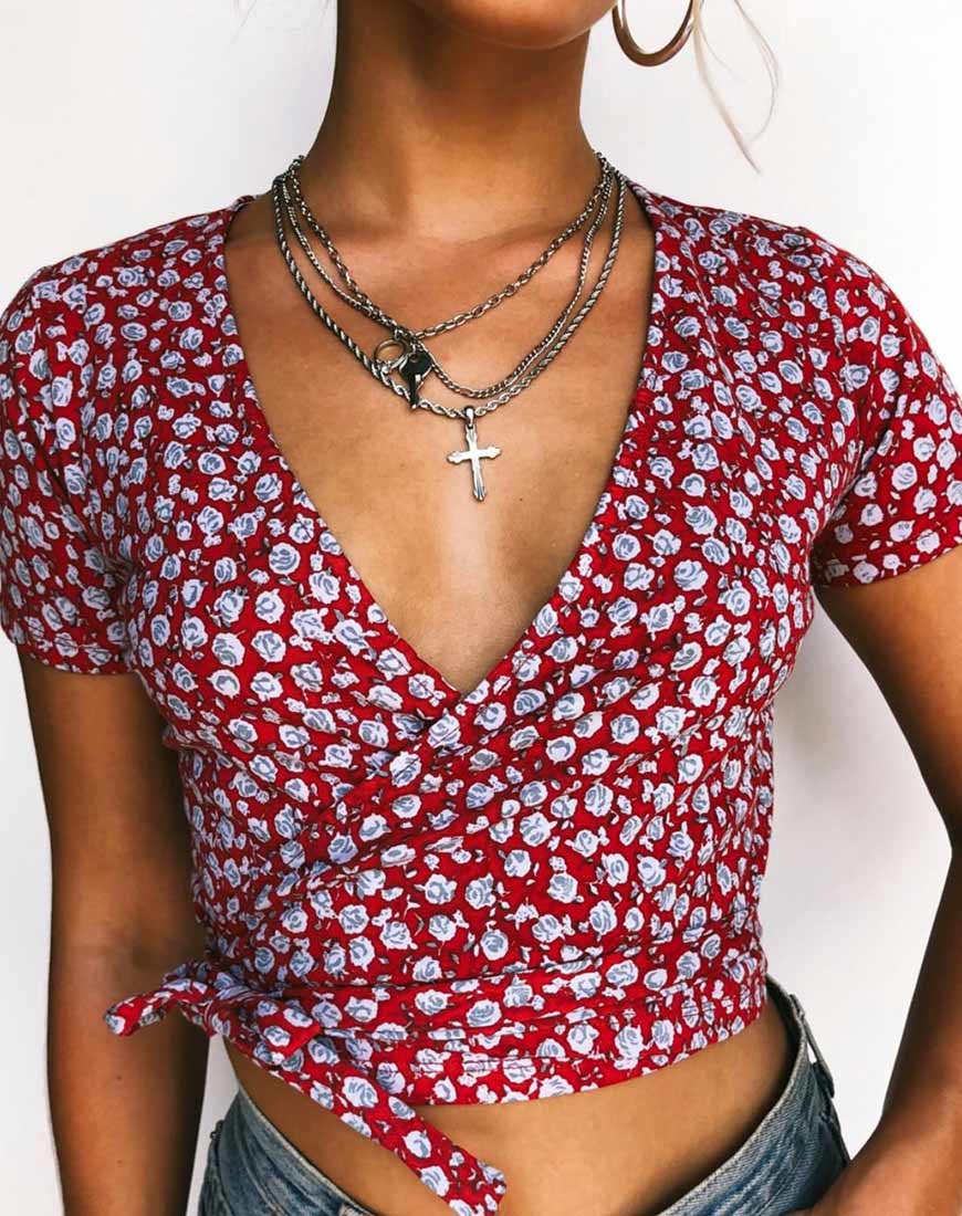 Bilen Top in Ditsy Rose Red and Silver - Image 2