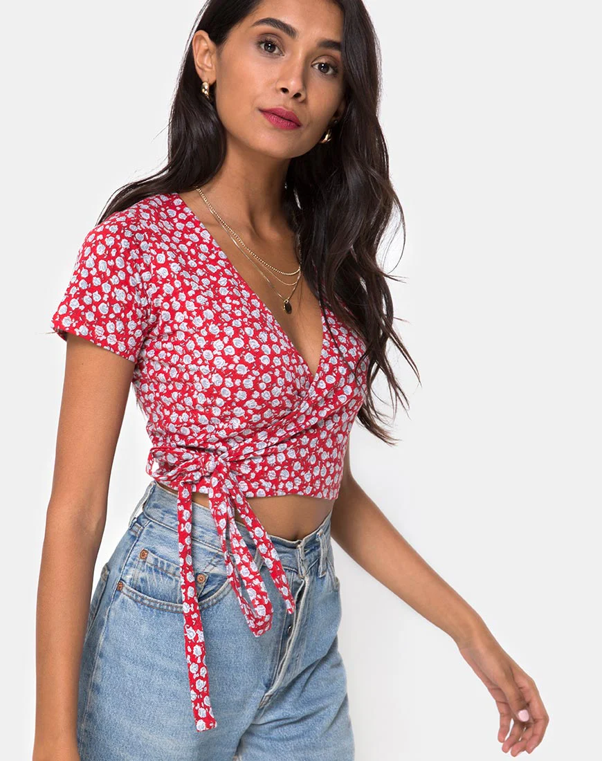 Bilen Top in Ditsy Rose Red and Silver - Image 3
