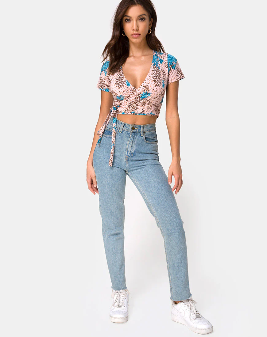 Bilen Crop Top in Jungle Flower Blue and Cream - Image 3