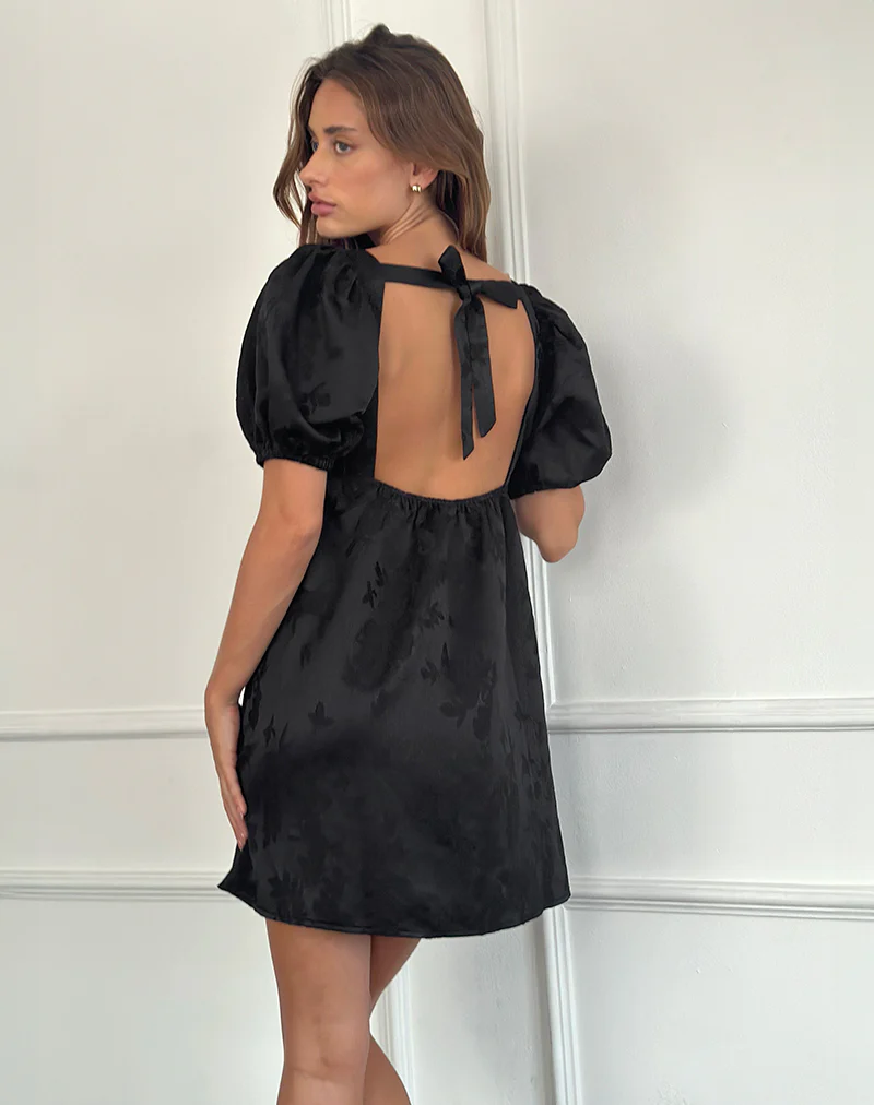 Bimbi Babydoll Mini Dress in Satin Jacquard Black - Image 2