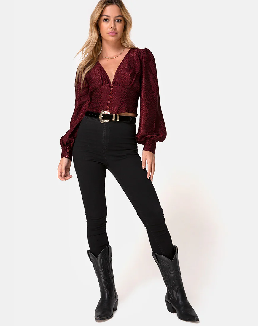 Bina Crop Top in Satin Cheetah Burgundy - Image 3