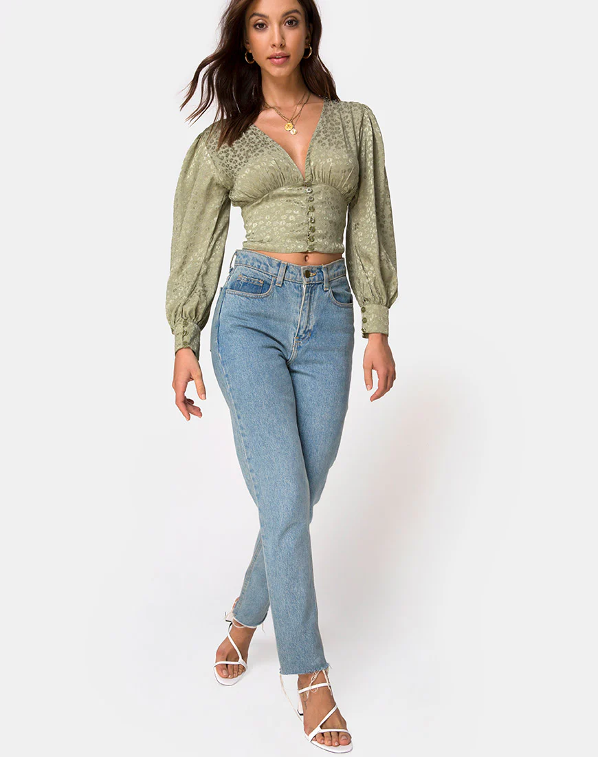 Bina Long sleeve Top in Satin Ditsy Rose Sage - Image 4