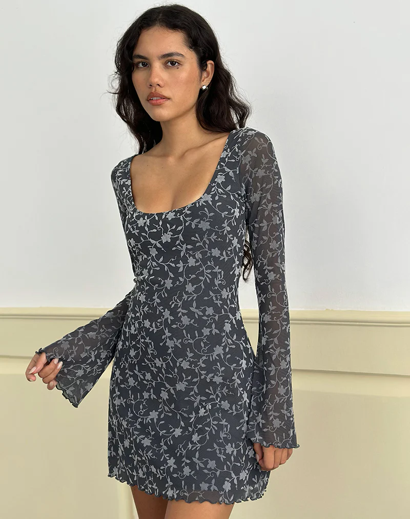 Bindara Mini Dress in Pretty Petal Flock Dark Grey - Image 2