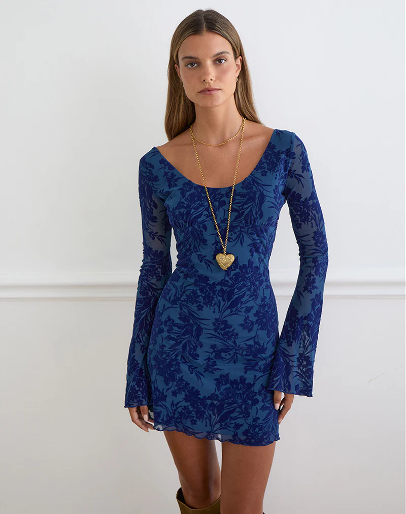 Bindara Mini Dress in Navy with Midnight Leaf Flock - Image 3