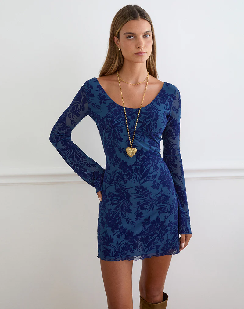 Bindara Mini Dress in Navy with Midnight Leaf Flock - Image 5