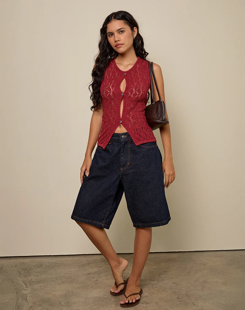 Birama Button Tank Top in Knit Red - Image 3