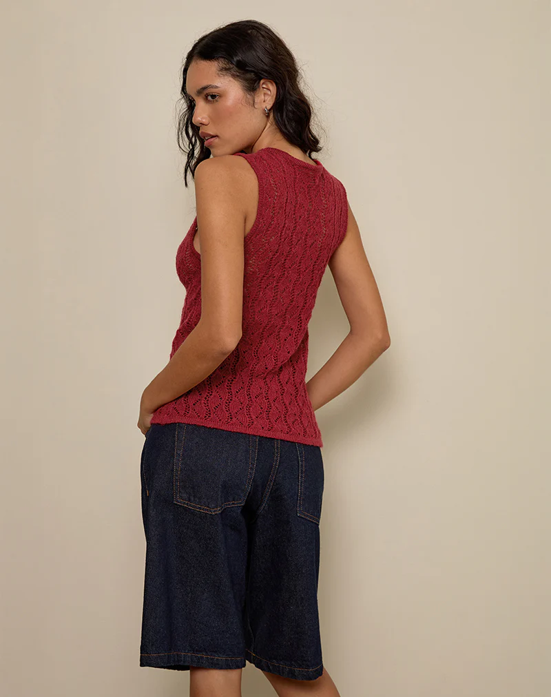 Birama Button Tank Top in Knit Red - Image 4