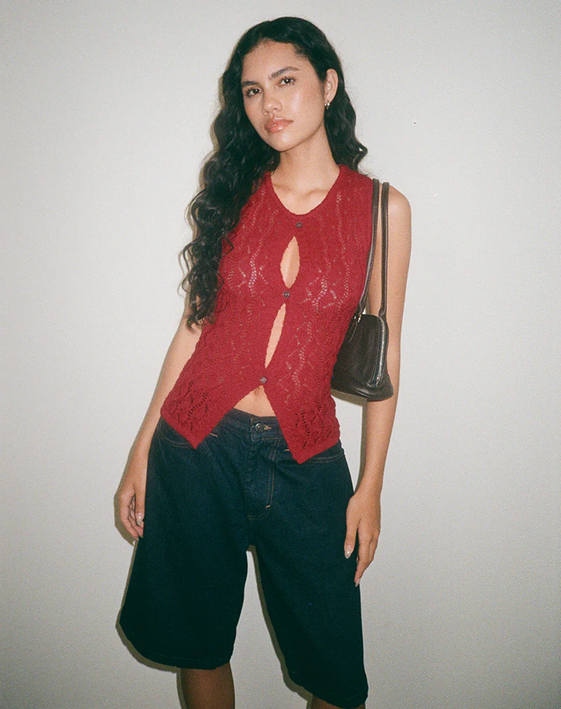 Birama Button Tank Top in Knit Red - Image 5