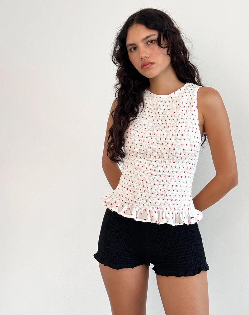 Birita Shirred Tank Top in White and Red Polkadot - Image 2