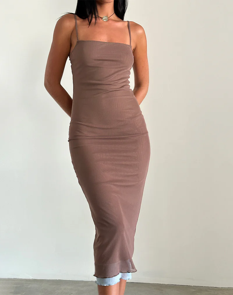 Bisilk Midi Dress in Mesh Brown with Light Blue - Image 2