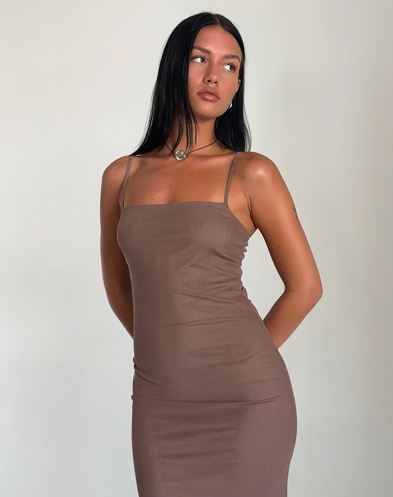 Bisilk Midi Dress in Mesh Brown with Light Blue - Image 3
