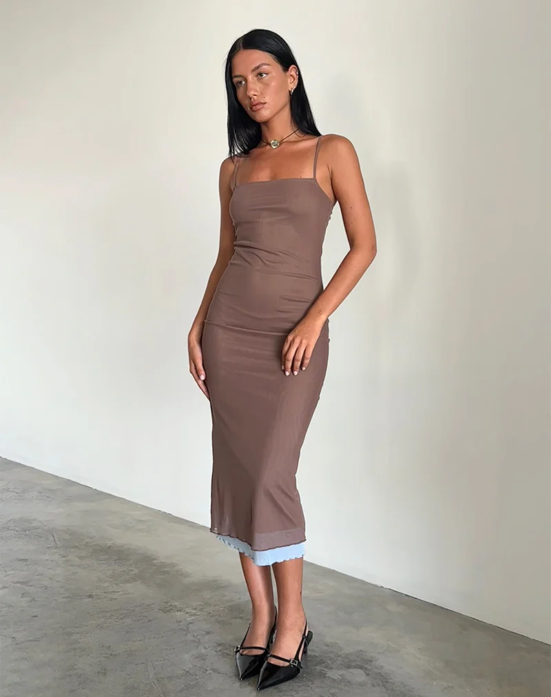 Bisilk Midi Dress in Mesh Brown with Light Blue - Image 4